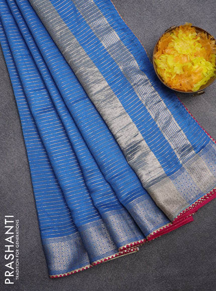 Semi chanderi saree cs blue and pink with allover zari weaves and zari woven & gotapatti lace work border