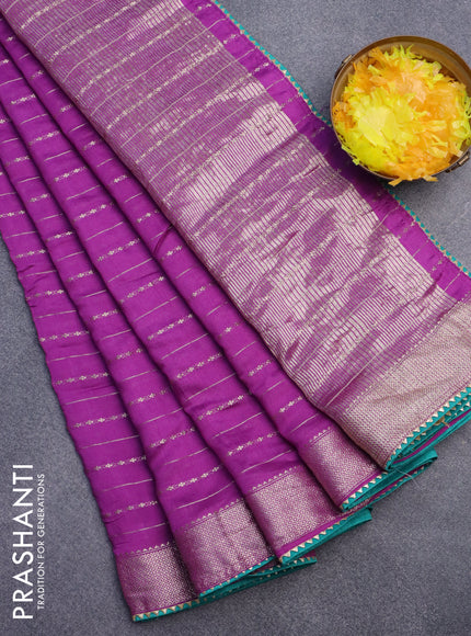 Semi chanderi saree purple and teal green with allover zari weaves and zari woven & gotapatti lace work border