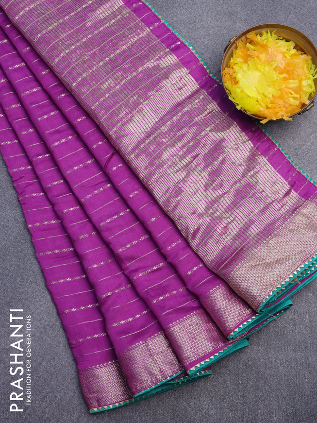 Semi chanderi saree purple and teal green with allover zari weaves and zari woven & gotapatti lace work border