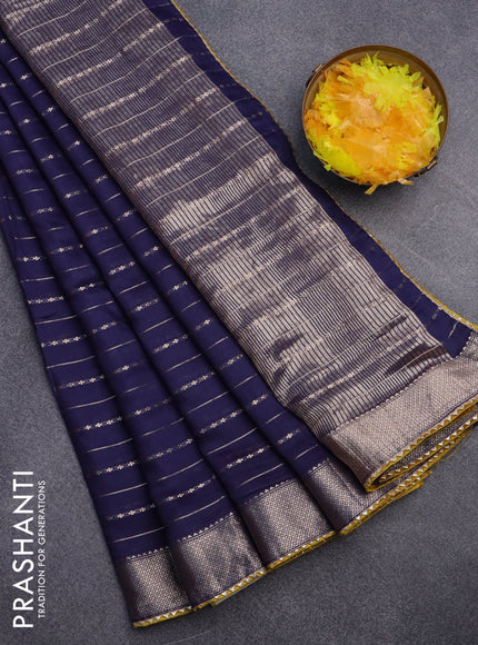 Semi chanderi saree dark blue and yellow with allover zari weaves and zari woven & gotapatti lace work border