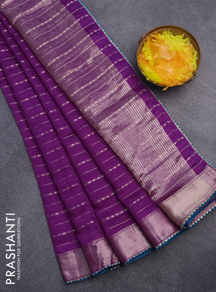 Semi chanderi saree purple and cs blue with allover zari weaves and zari woven & gotapatti lace work border