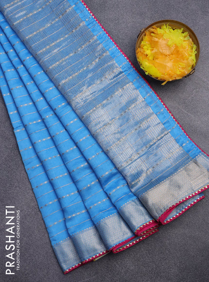 Semi chanderi saree light blue and pink with allover zari weaves and zari woven & gotapatti lace work border