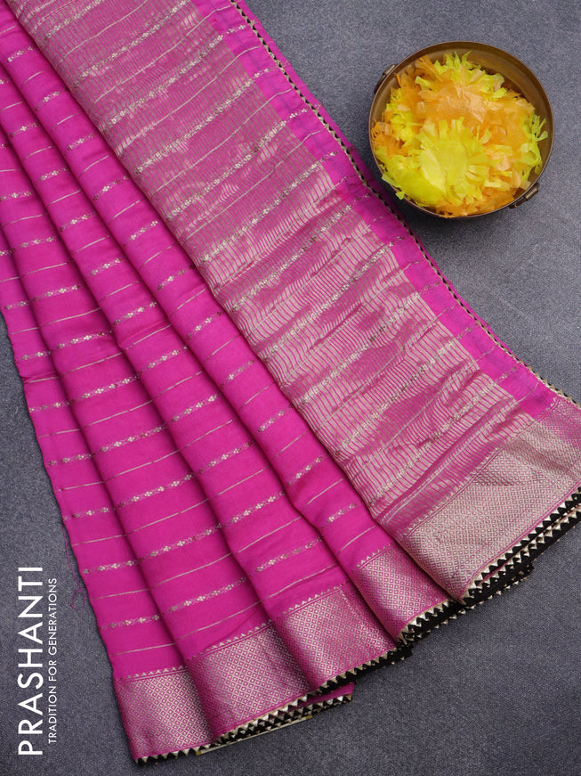 Semi chanderi saree pink and black with allover zari weaves and zari woven & gotapatti lace work border