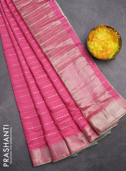 Semi chanderi saree pink and pastel green with allover zari weaves and zari woven & gotapatti lace work border