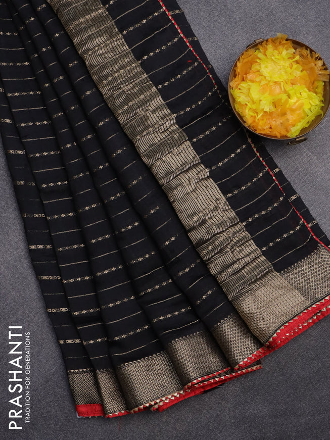 Semi chanderi saree black and red with allover zari weaves and zari woven & gotapatti lace work border