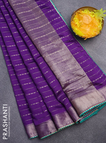 Semi chanderi saree violet and teal green with allover zari weaves and zari woven & gotapatti lace work border