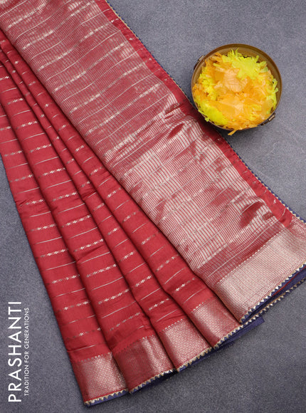 Semi chanderi saree red and blue with allover zari weaves and zari woven & gotapatti lace work border