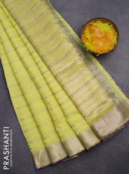 Semi chanderi saree lime yellow and multi colour with allover zari weaves and zari woven & gotapatti lace work border