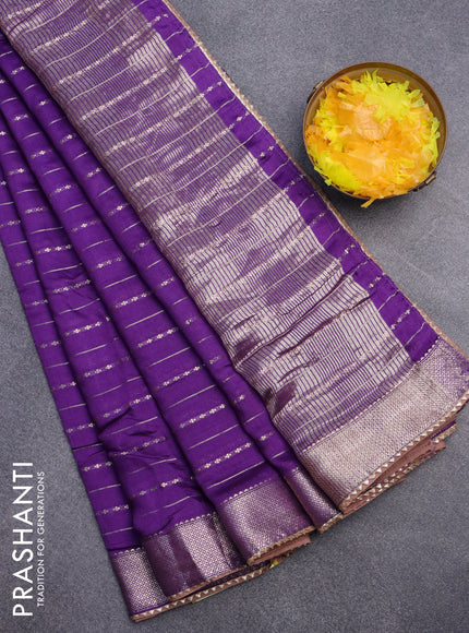 Semi chanderi saree violet and brown with allover zari weaves and zari woven & gotapatti lace work border