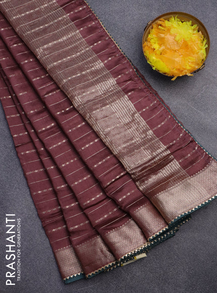 Semi chanderi saree brown and green with allover zari weaves and zari woven & gotapatti lace work border