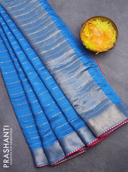 Semi chanderi saree cs blue and pink with allover zari weaves and zari woven & gotapatti lace work border