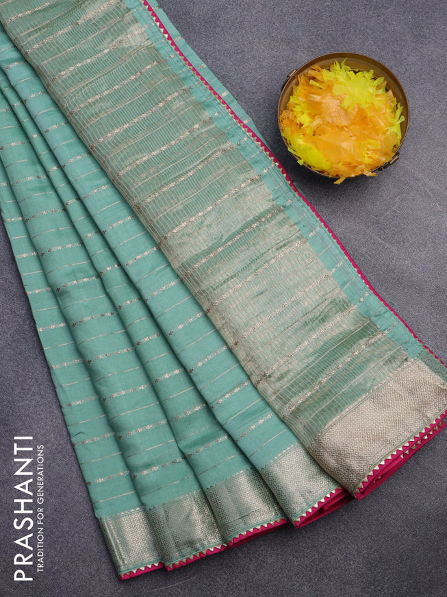 Semi chanderi saree pastel green and pink with allover zari weaves and zari woven & gotapatti lace work border