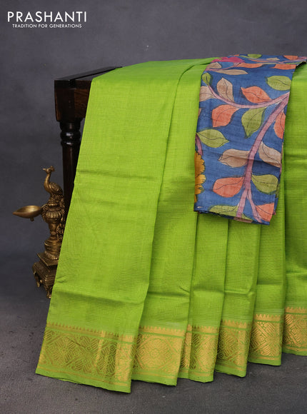 Mangalgiri silk cotton saree light green and blue with plain body and zari woven border & hand painted kalamkari blouse