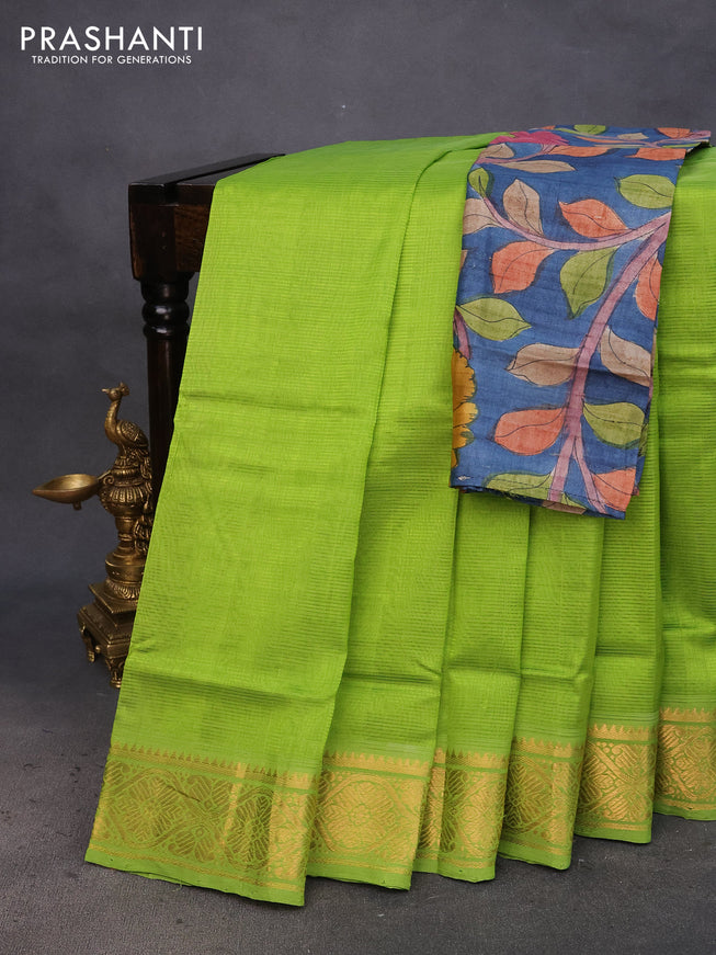 Mangalgiri silk cotton saree light green and blue with plain body and zari woven border & hand painted kalamkari blouse