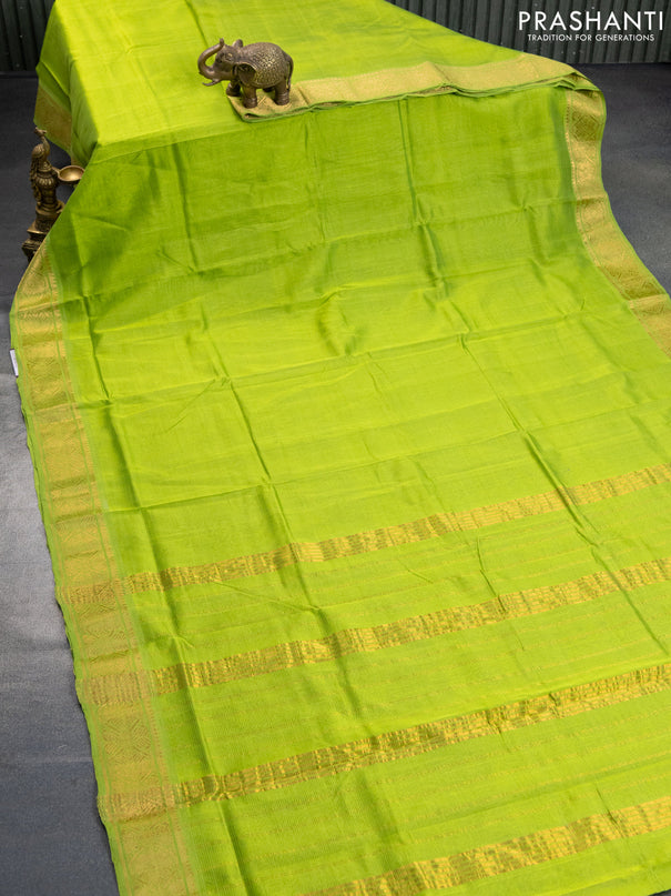 Mangalgiri silk cotton saree light green and blue with plain body and zari woven border & hand painted kalamkari blouse