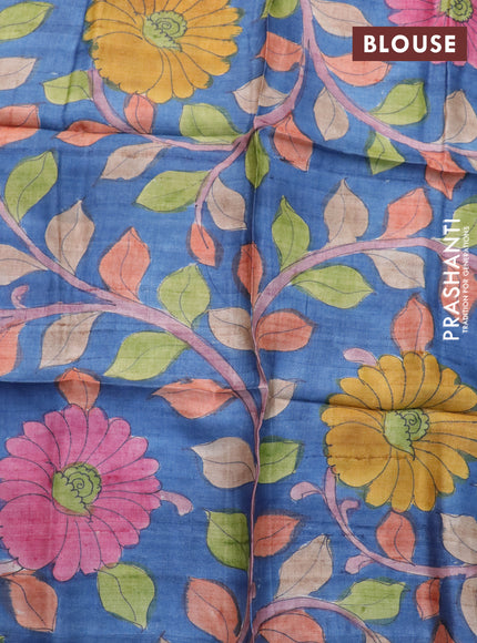 Mangalgiri silk cotton saree light green and blue with plain body and zari woven border & hand painted kalamkari blouse