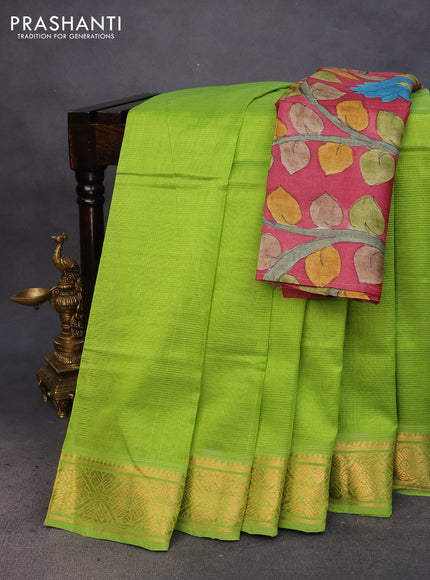 Mangalgiri silk cotton saree light green and maroon with plain body and zari woven border & hand painted kalamkari blouse