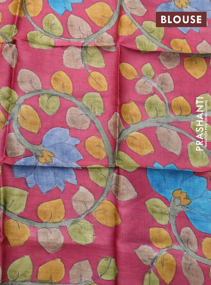 Mangalgiri silk cotton saree light green and maroon with plain body and zari woven border & hand painted kalamkari blouse