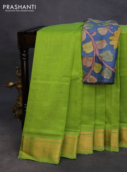 Mangalgiri silk cotton saree light green and blue with plain body and zari woven border & hand painted kalamkari blouse