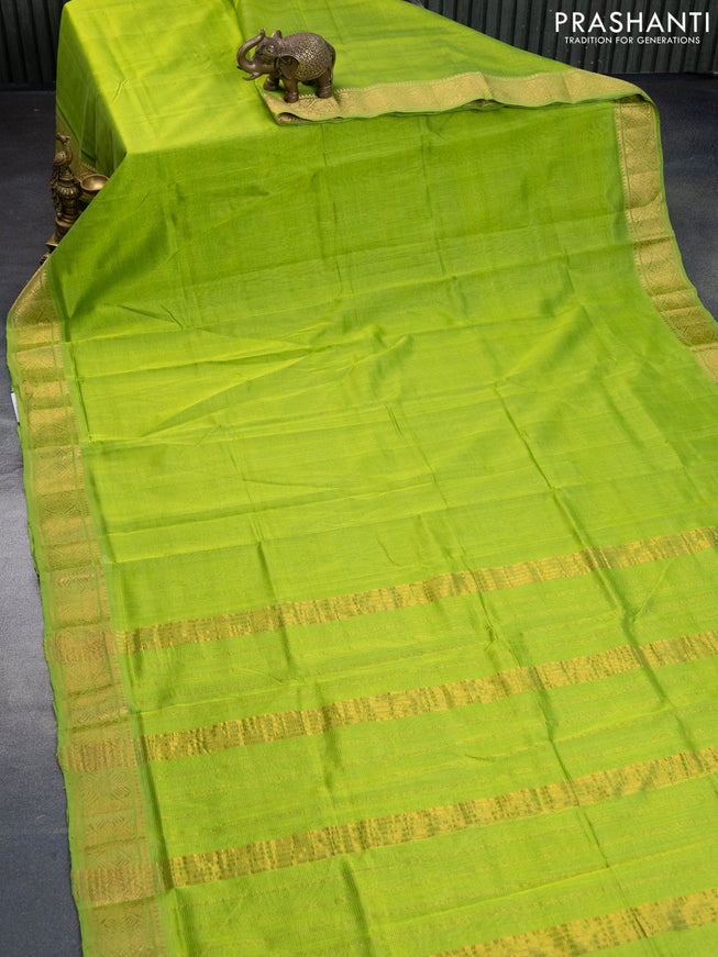 Mangalgiri silk cotton saree light green and blue with plain body and zari woven border & hand painted kalamkari blouse