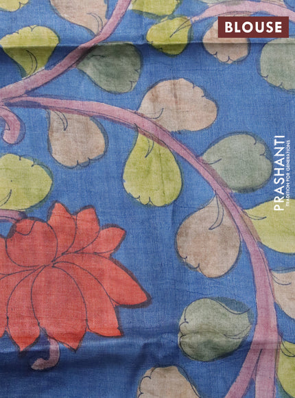 Mangalgiri silk cotton saree light green and blue with plain body and zari woven border & hand painted kalamkari blouse