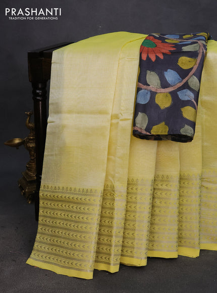 Mangalgiri silk cotton saree lime yellow and elephant grey with plain body and silver zari woven border & hand painted kalamkari blouse