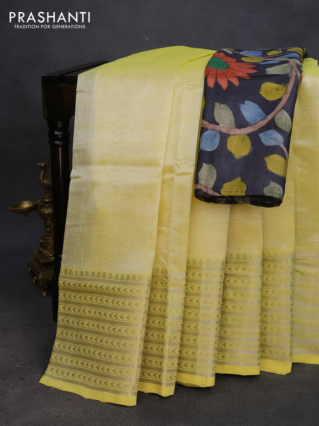 Mangalgiri silk cotton saree lime yellow and elephant grey with plain body and silver zari woven border & hand painted kalamkari blouse