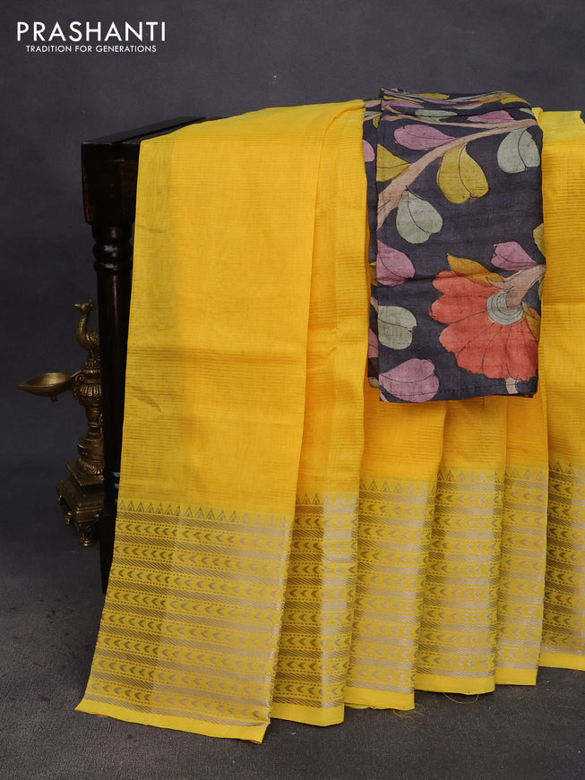 Mangalgiri silk cotton saree yellow and elephant grey with plain body and silver zari woven border & hand painted kalamkari blouse