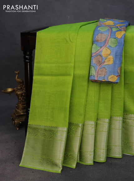 Mangalgiri silk cotton saree light green and blue shade with plain body and silver zari woven annam border & hand painted kalamkari blouse