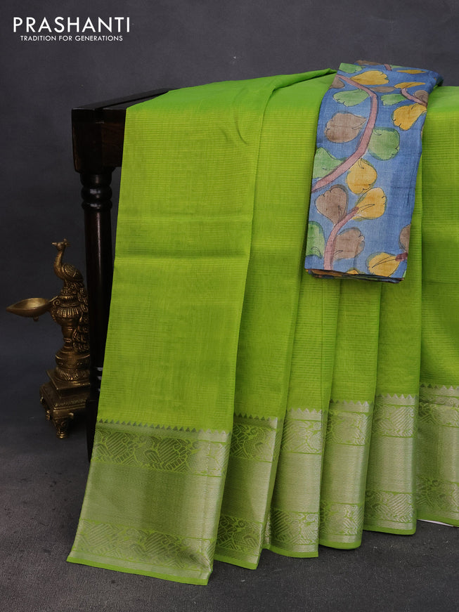 Mangalgiri silk cotton saree light green and blue shade with plain body and silver zari woven annam border & hand painted kalamkari blouse