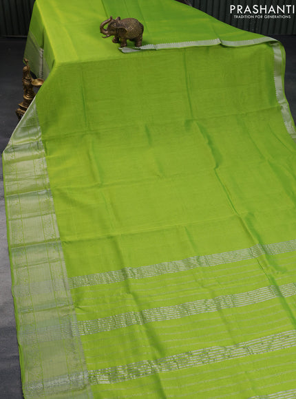 Mangalgiri silk cotton saree light green and blue shade with plain body and silver zari woven annam border & hand painted kalamkari blouse