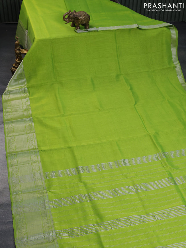 Mangalgiri silk cotton saree light green and blue shade with plain body and silver zari woven annam border & hand painted kalamkari blouse