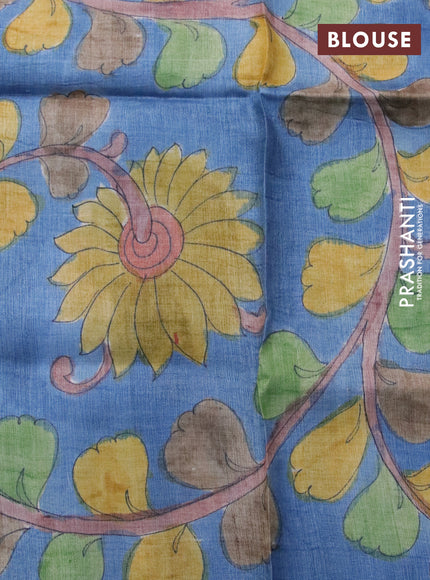 Mangalgiri silk cotton saree light green and blue shade with plain body and silver zari woven annam border & hand painted kalamkari blouse