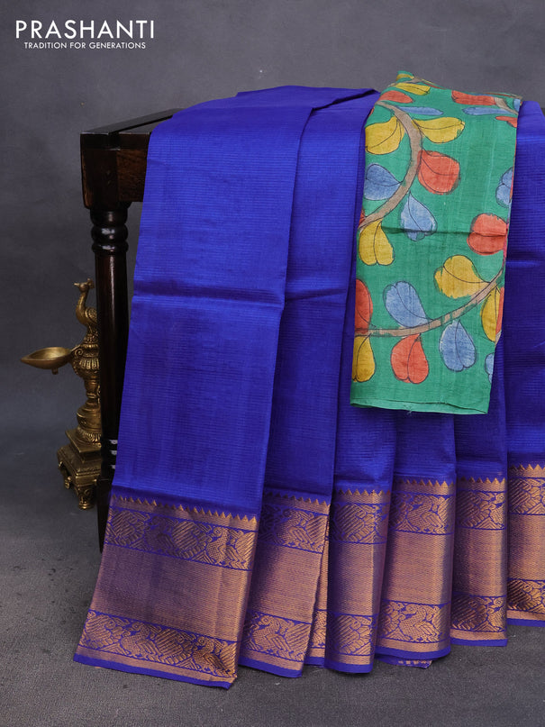 Mangalgiri silk cotton saree blue and green with plain body and annam zari woven border & hand painted kalamkari blouse