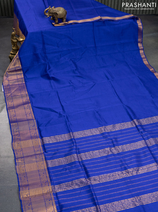 Mangalgiri silk cotton saree blue and green with plain body and annam zari woven border & hand painted kalamkari blouse