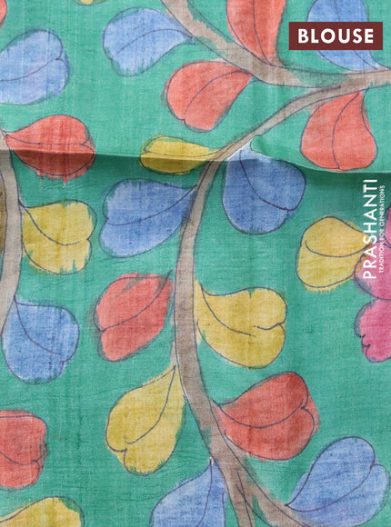 Mangalgiri silk cotton saree blue and green with plain body and annam zari woven border & hand painted kalamkari blouse