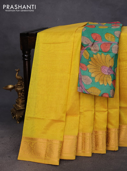 Mangalgiri silk cotton saree yellow and green with plain body and annam zari woven border & hand painted kalamkari blouse