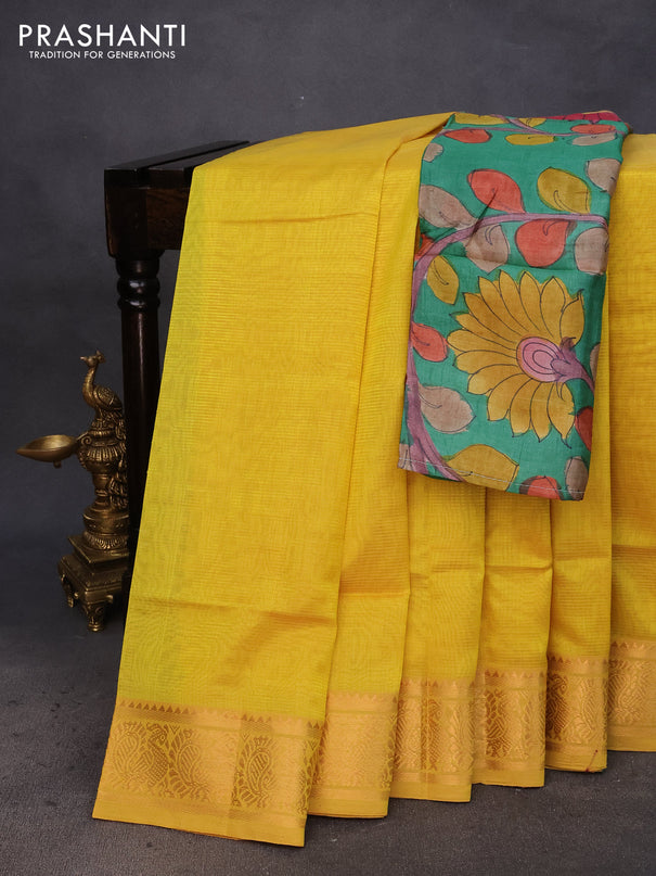 Mangalgiri silk cotton saree yellow and green with plain body and annam zari woven border & hand painted kalamkari blouse