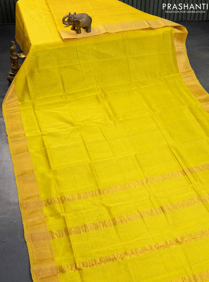 Mangalgiri silk cotton saree yellow and green with plain body and annam zari woven border & hand painted kalamkari blouse