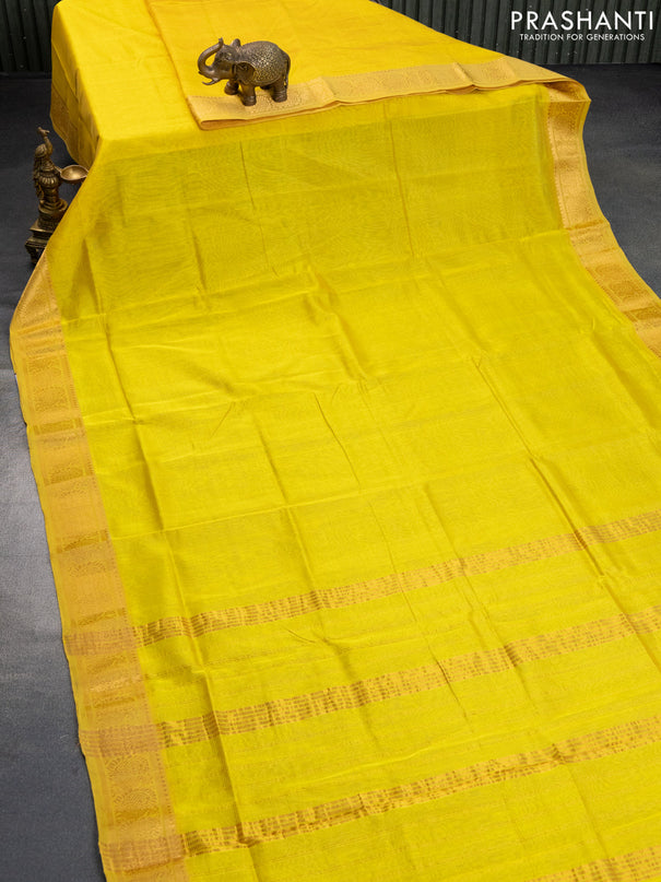 Mangalgiri silk cotton saree yellow and green with plain body and annam zari woven border & hand painted kalamkari blouse