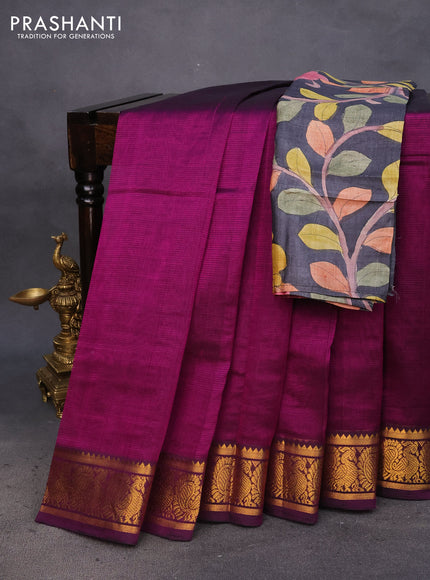 Mangalgiri silk cotton saree purple and elephant grey with plain body and annam zari woven border & hand painted kalamkari blouse