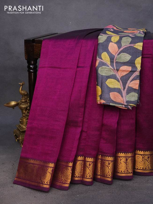 Mangalgiri silk cotton saree purple and elephant grey with plain body and annam zari woven border & hand painted kalamkari blouse