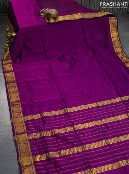 Mangalgiri silk cotton saree purple and elephant grey with plain body and annam zari woven border & hand painted kalamkari blouse