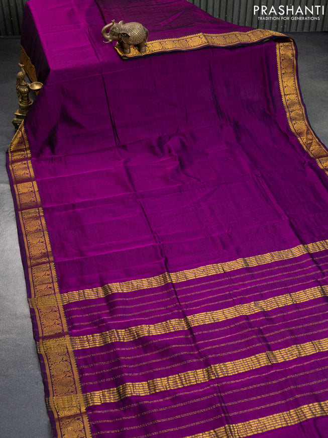 Mangalgiri silk cotton saree purple and elephant grey with plain body and annam zari woven border & hand painted kalamkari blouse