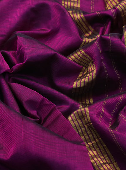 Mangalgiri silk cotton saree purple and elephant grey with plain body and annam zari woven border & hand painted kalamkari blouse