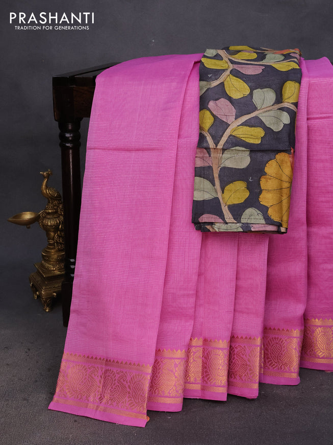 Mangalgiri silk cotton saree pink and elephant grey with plain body and annam zari woven border & hand painted kalamkari blouse