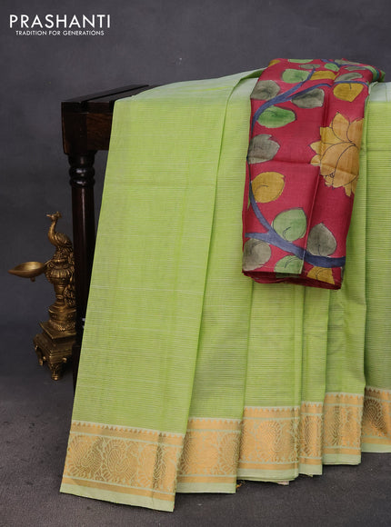 Mangalgiri silk cotton saree light green and pink with plain body and annam zari woven border & hand painted kalamkari blouse