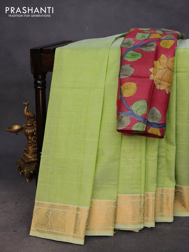 Mangalgiri silk cotton saree light green and pink with plain body and annam zari woven border & hand painted kalamkari blouse