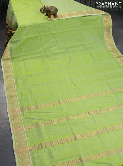 Mangalgiri silk cotton saree light green and pink with plain body and annam zari woven border & hand painted kalamkari blouse