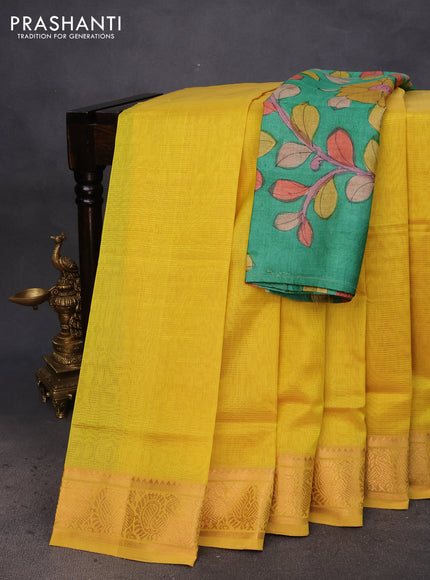 Mangalgiri silk cotton saree yellow and green with plain body and annam zari woven border & hand painted kalamkari blouse